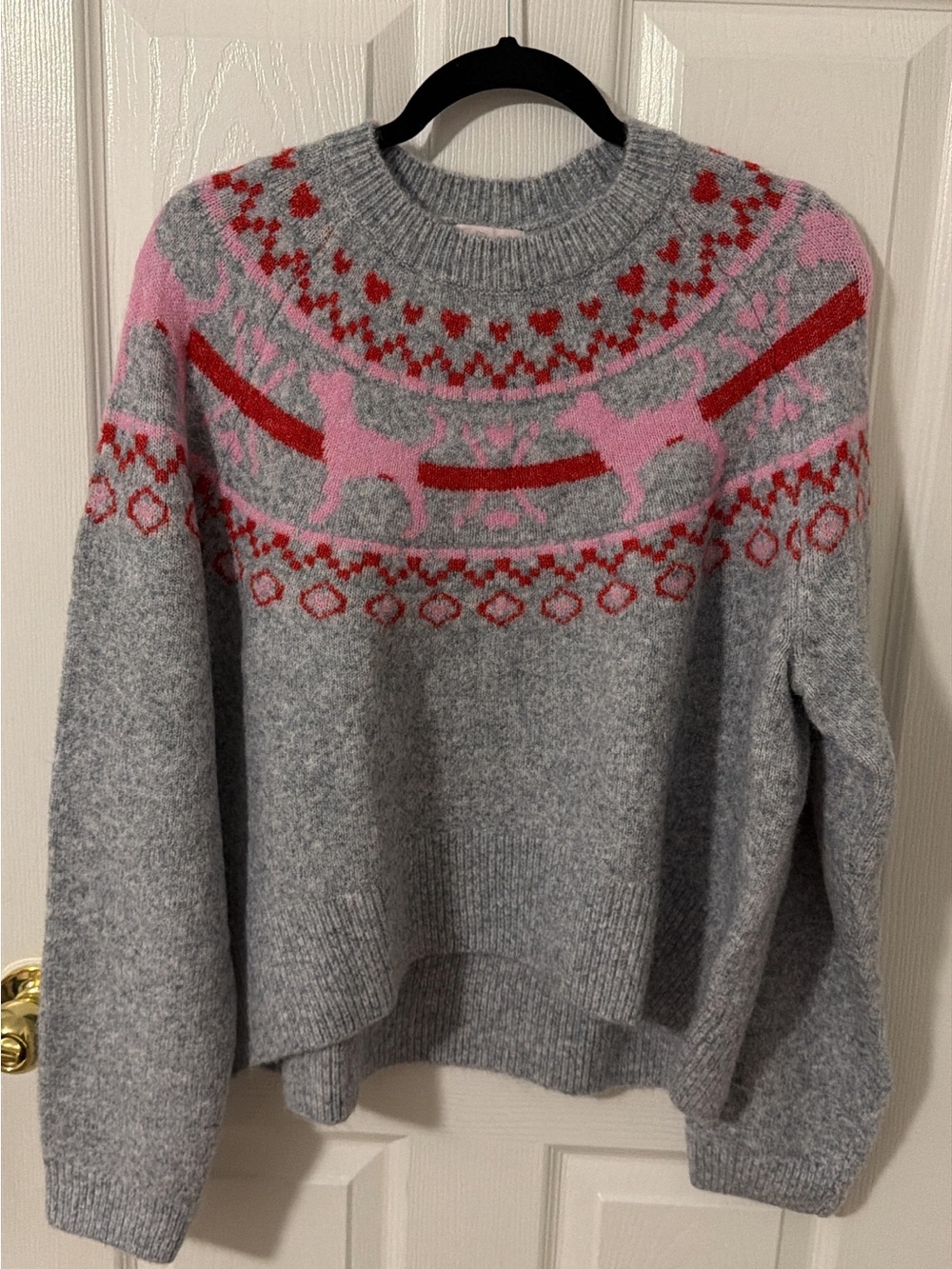 PINK Victoria's Secret Gray Crewneck Sweater with Pink & Red Fair Isle Motif
